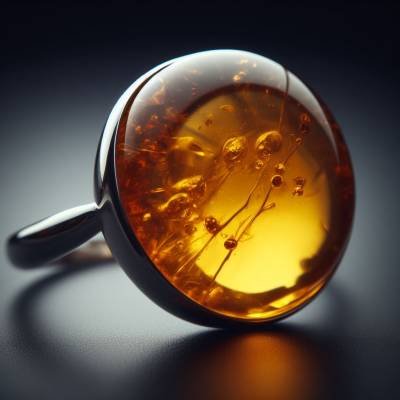 A mesmerizing amber ring, with warm golden hues encapsulating ancient inclusions, beautifully set against a muted background.