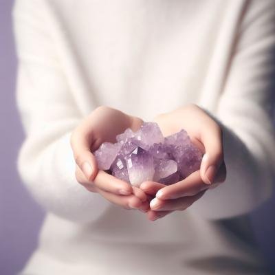 Woman holding a cluster of amethyst crystals, symbolizing natural remedies for anxiety.