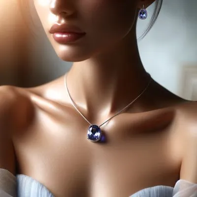 Elegant tanzanite jewelry worn by a person, highlighting the gemstone's unique blue-violet color and its serene, healing properties.