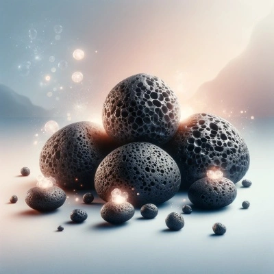 Lava stones with healing energy, black and porous, radiating calmness and balance against a tranquil background.