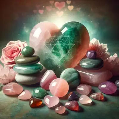Assortment of heart chakra stones including rose quartz, green aventurine, and jade, symbolizing love and emotional healing.