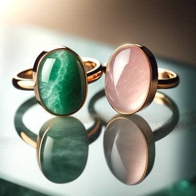 Two gold rings set with rose quartz and green aventurine stones on a reflective surface, symbolizing love and prosperity.