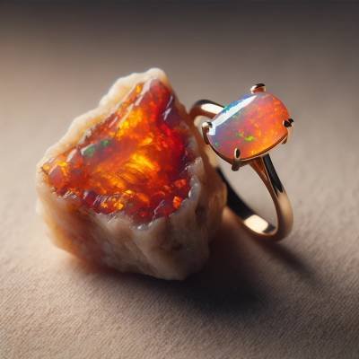 A Mexican fire opal ring set in gold beside a raw opal specimen, showcasing rich, luminous shades of red and orange.