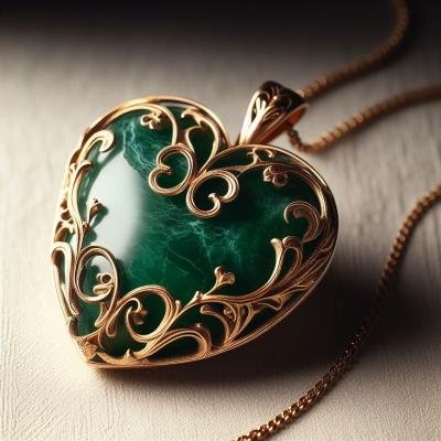 Gold pendant with green jasper heart encased in intricate designs.