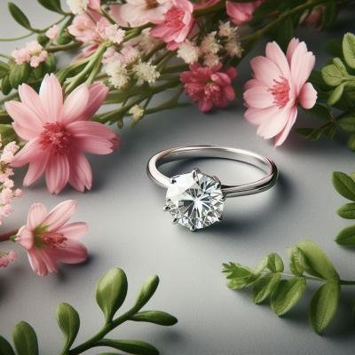 April birthstone diamond ring surrounded by blossoming pink flowers.