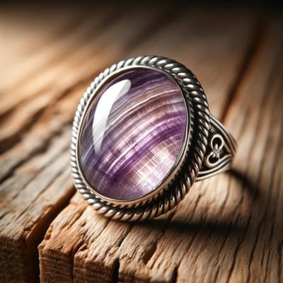 This image showcases an elegant silver ring with a cabochon-cut purple fluorite stone, highlighting the gem's rich, layered coloring. The detailed metalwork around the gemstone emphasizes its beauty, making it a focal point for an article or content related to the aesthetic and metaphysical use of fluorite in jewelry.