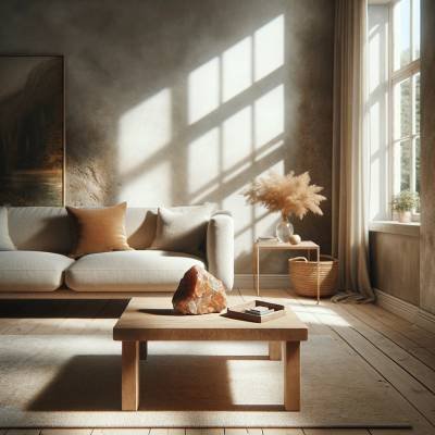 Image of a serene living room with natural light highlighting a raw sunstone on a wooden coffee table, showcasing the stone's natural beauty and its harmonizing effect on home decor.