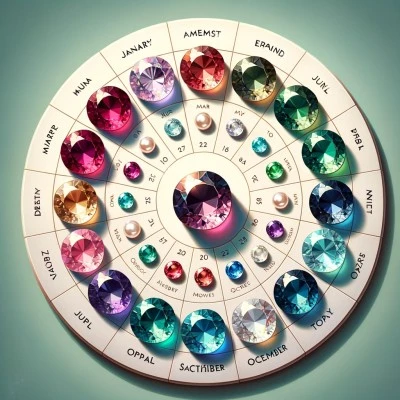 Elegant circular calendar image depicting each month's birthstone in their true colors, showcasing the unique charm and history of these gems.