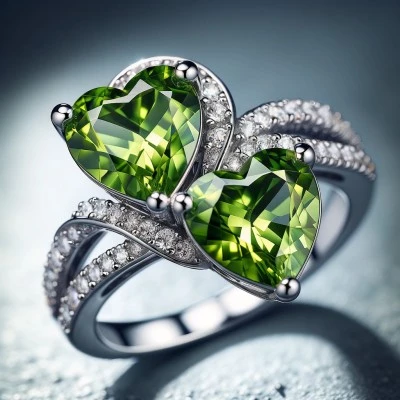 Exquisite silver engagement ring with twin heart-shaped peridot gems surrounded by a halo of diamonds, symbolizing everlasting love.