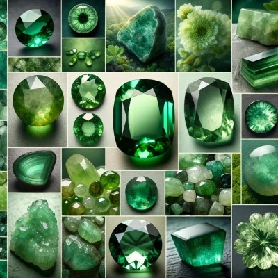 Elegant collage of green gemstones, showcasing emeralds, peridots, jade, and tsavorites in various shades and cuts.