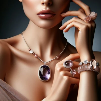 Elegant woman wearing amethyst, rose quartz, and clear quartz gemstones, radiating confidence and harmony.