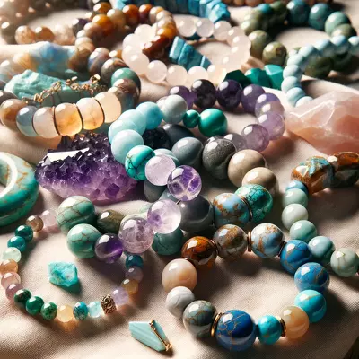Assorted natural stone bracelets symbolizing healing and wisdom, showcasing amethyst, turquoise, quartz, lapis lazili, and jasper.
