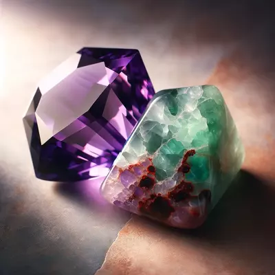 Amethyst and bloodstone, February's birthstones, radiate with deep purple and speckled green, symbolizing wisdom and protection.