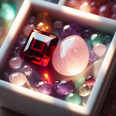 Lustrous Garnet and Rose Quartz nestled among assorted gemstones, embodying January's birthstones' allure.