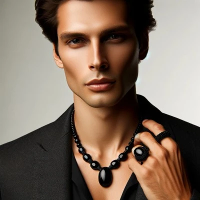 Sophisticated figure adorned with black onyx jewelry, symbolizing elegance and strength.