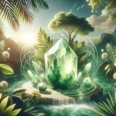 Lustrous green aragonite crystal centerpiece in an enchanted forest clearing, symbolizing serenity and spiritual grounding.