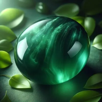Lustrous green onyx stone surrounded by fresh green leaves, symbolizing serenity and emotional balance.
